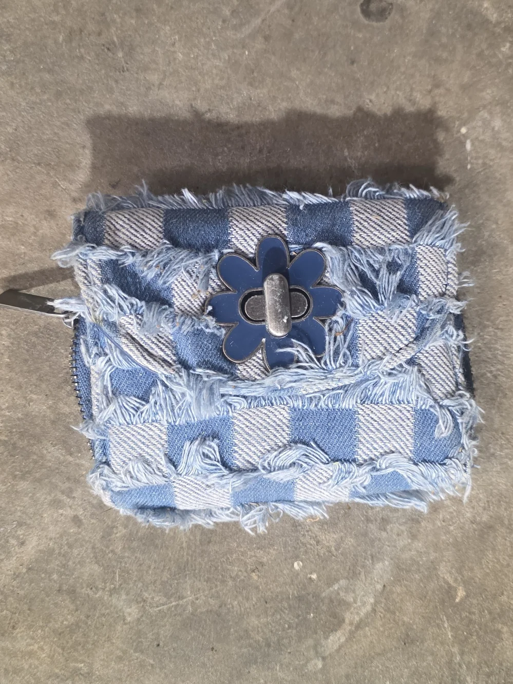 Frayed Denim Checker Crossbody Bag And Wallet Combo - Blue
